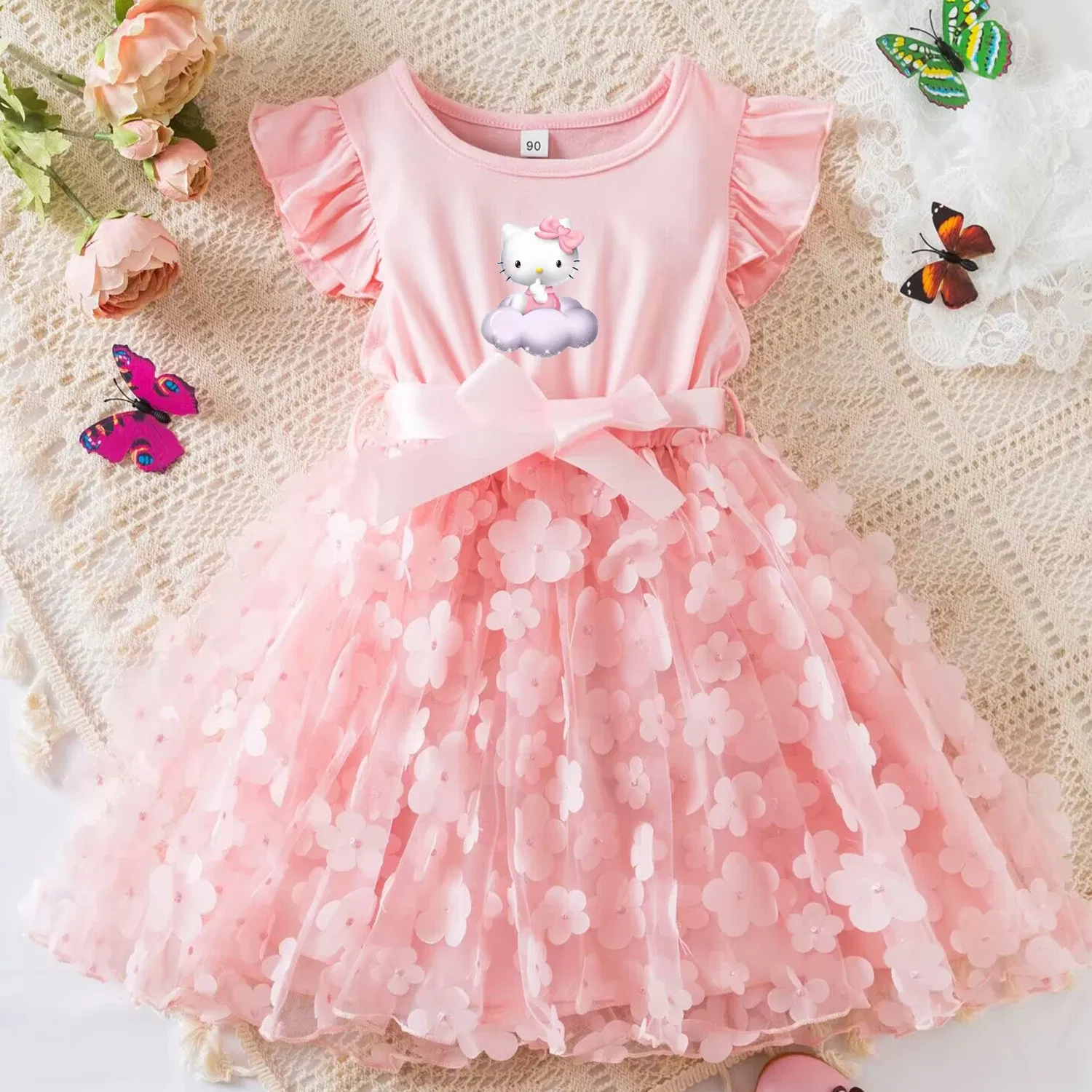 Color: GRAY, Size: L - Hello Kitty Summer Dress for Kid's Casual Clothes 3D Butterfly Cute Baby Girls Princess Dress Party Dresses 2-6 Yrs