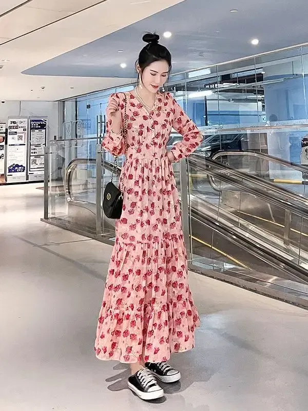 Color: Beige, Size: XL - Chiffon floral dress 2024 spring/summer new high waisted slimming knee length skirt light luxury French style large skirt 3FWF