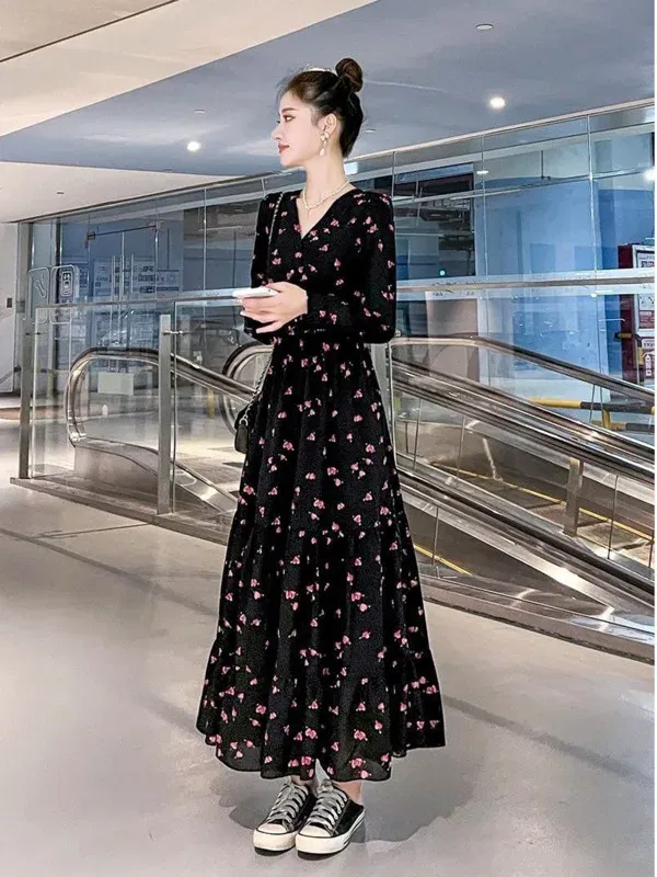 Color: Beige, Size: XL - Chiffon floral dress 2024 spring/summer new high waisted slimming knee length skirt light luxury French style large skirt 3FWF