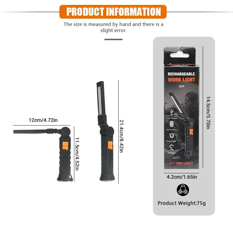 Emitting Color: changeable - Portable COB LED Flashlight USB Rechargeable Work Light Magnetic Lanterna Hanging Lamp with Built-in Battery Camping Torch