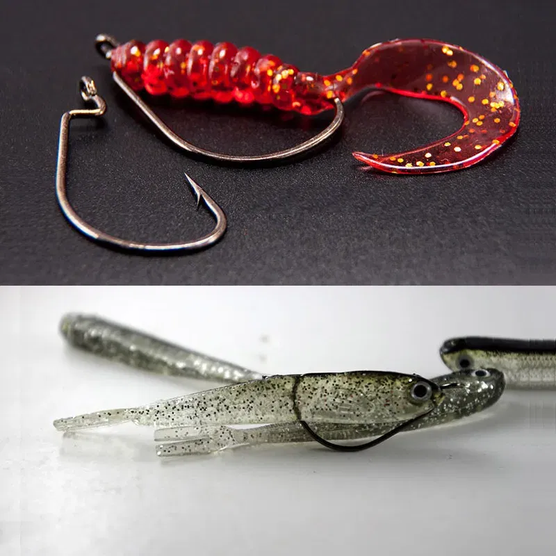 Color: Red - 100 pcs Wide Gap Worm Fishing Hooks Jig Crank Big Bass Hook Black High Carbon Steel Crank Barbed Hook for Soft Fishing Lure
