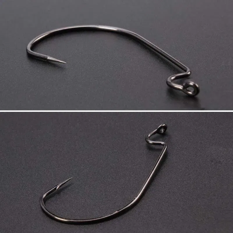 Color: Red - 100 pcs Wide Gap Worm Fishing Hooks Jig Crank Big Bass Hook Black High Carbon Steel Crank Barbed Hook for Soft Fishing Lure