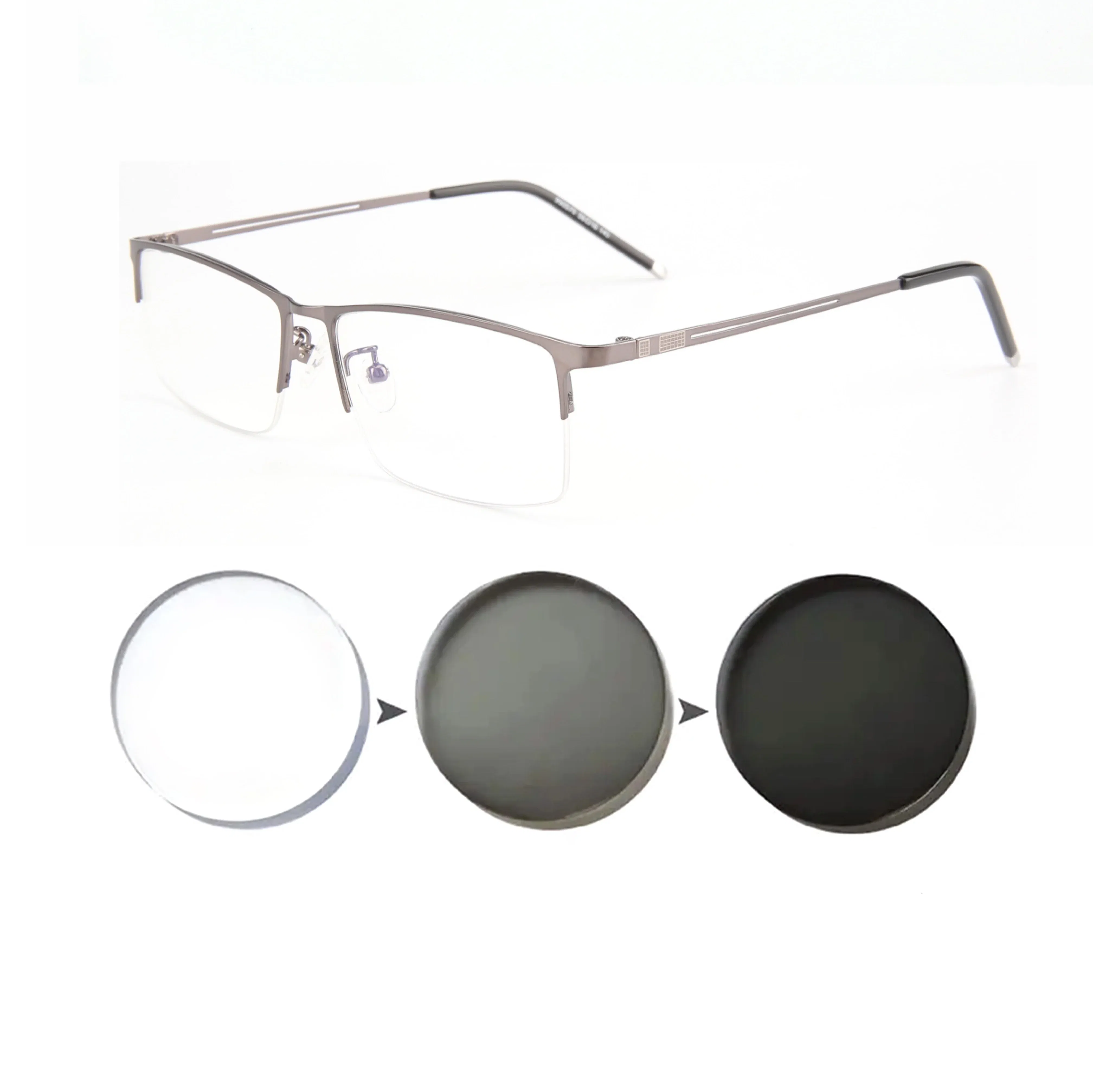Frame Color: green, Eye Prescription: +500 - Sun Photochromic Finished Myopia Glasses Women Men Metal Half Frame Chameleon Short-sight Eyewear0 -0.5 -0.75 -1.0 To -6.0