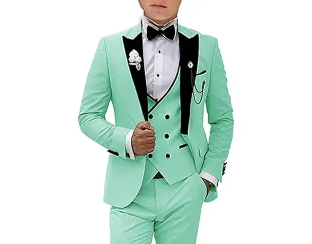 Color: army green, Size: 4XL - Pink Prom Suit for Men 3 Piece Jacket Vest Pants Set Peaked Lapel Blazer Outfit Costume Birthday Party