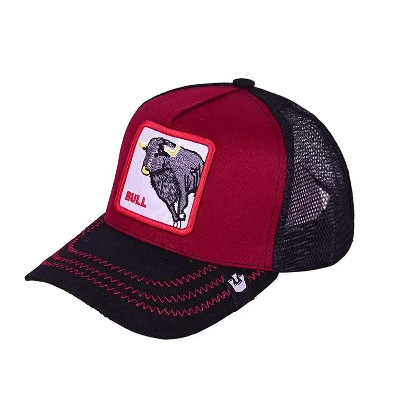 Color: wine red - Baseball Caps Men Women Snapback Hip Hop Cap With Fashion Animals Embroidery Summer Breathable Mesh Trucker Caps Streetwear Bone