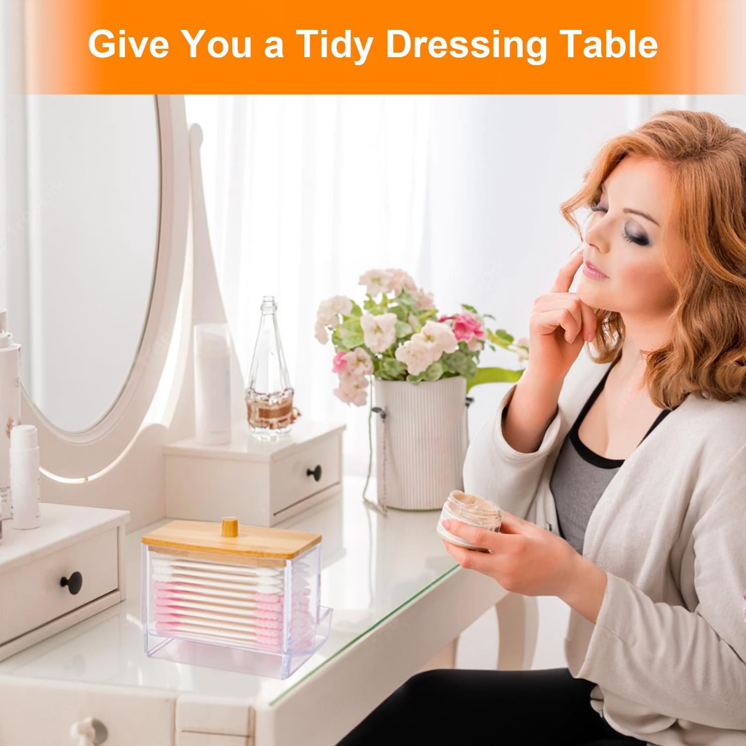 Cotton Swab Holder  Clear Plastic Dispenser with Bamboo Lid