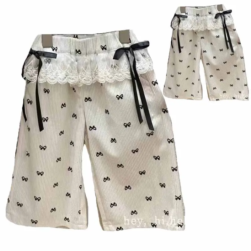 Color: Beige, Kid Size: 4T - New Girls Bow Print Pants Spring Kids Wide-leg Trousers Fashion Elastic Loose Pants Autumn Children Bowknot Trousers 2-8 Years