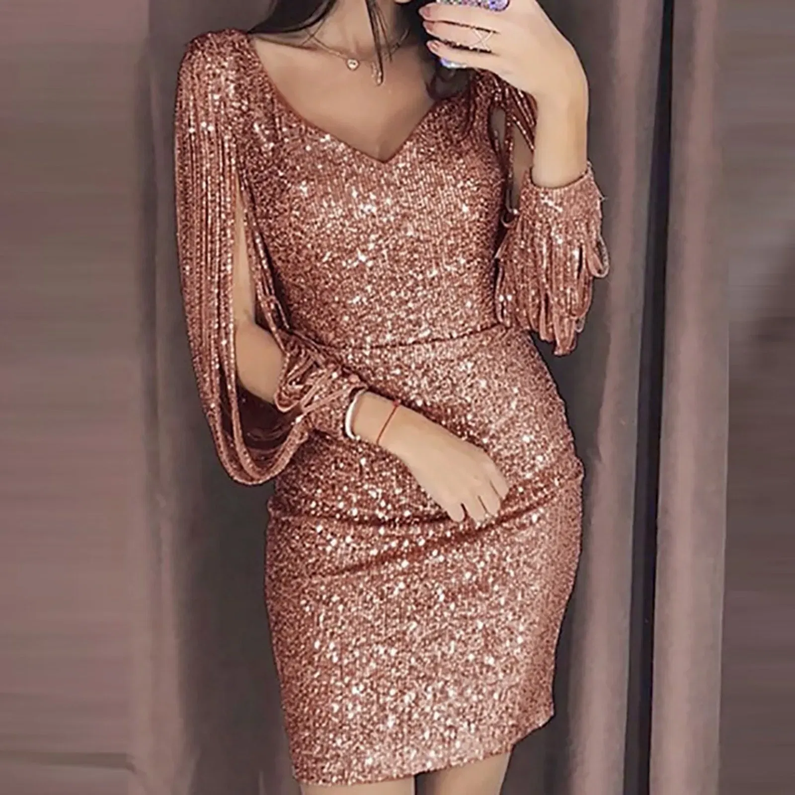 Color: black, Size: S, Ships From: CN - 2024 New Women Sexy Dresses Glitter Sparkly Sequin Tassel Sleeves V Neck Club Mini Skinny Sundress Elegant Ladies Party Dresses