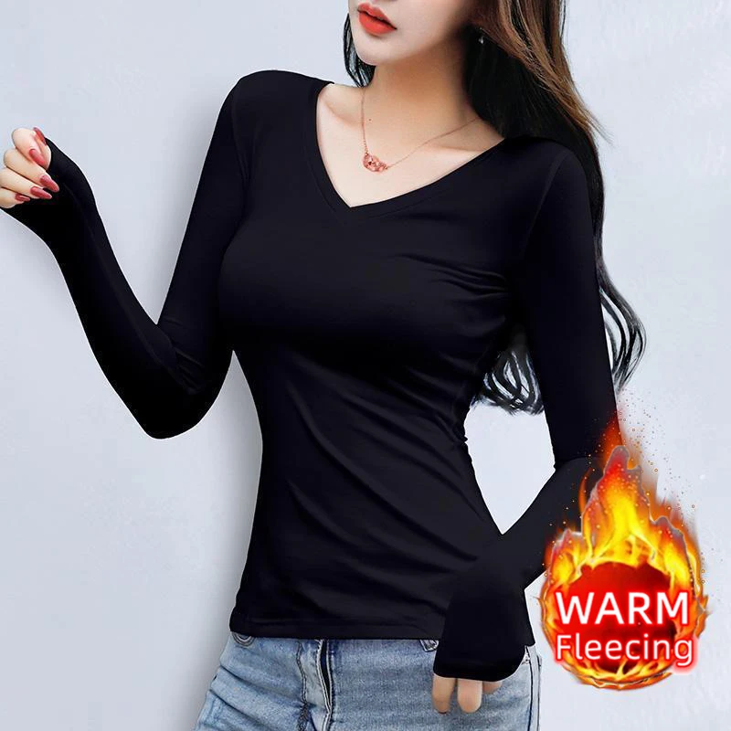 Color: green, Size: M - O Neck Long Sleeve Fleeceing Heating Fiber Thermal Basic T-Shirts Women Winter Bottoming Cropped Tops Casual Skinny All-match