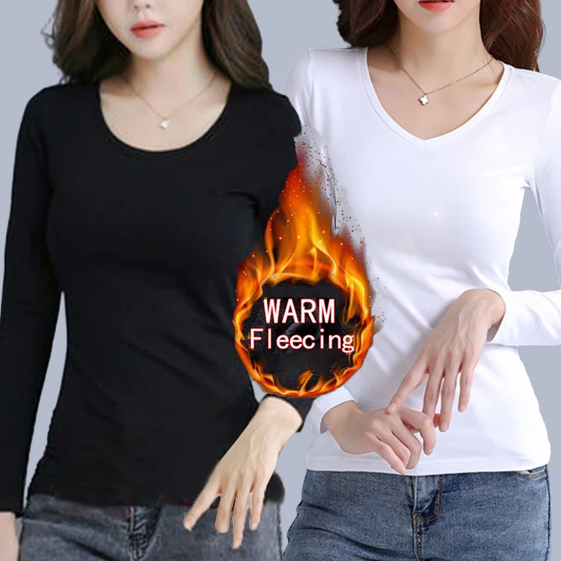 Color: green, Size: M - O Neck Long Sleeve Fleeceing Heating Fiber Thermal Basic T-Shirts Women Winter Bottoming Cropped Tops Casual Skinny All-match