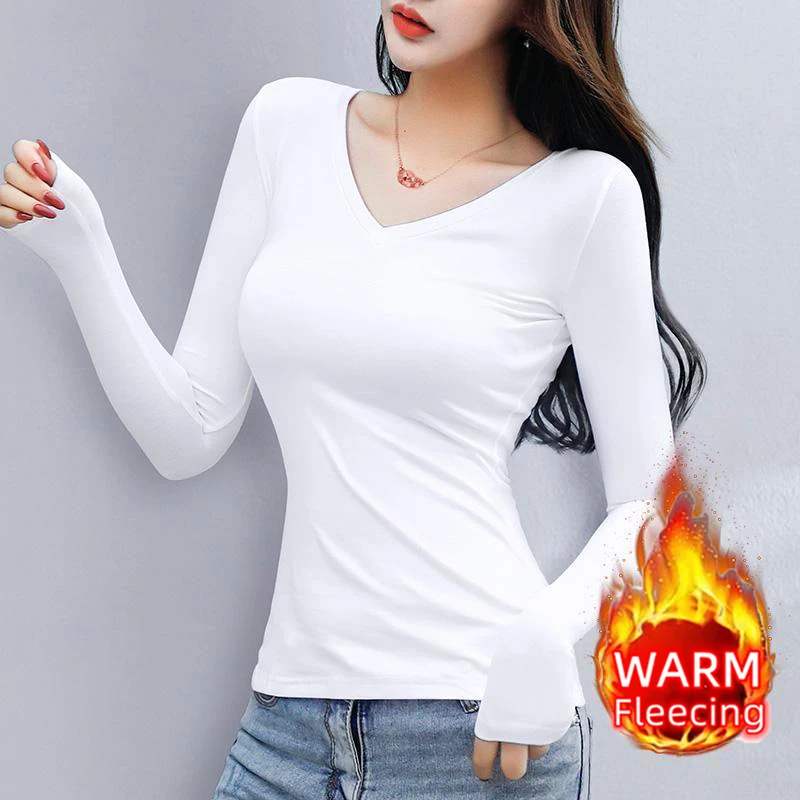 Color: green, Size: M - O Neck Long Sleeve Fleeceing Heating Fiber Thermal Basic T-Shirts Women Winter Bottoming Cropped Tops Casual Skinny All-match