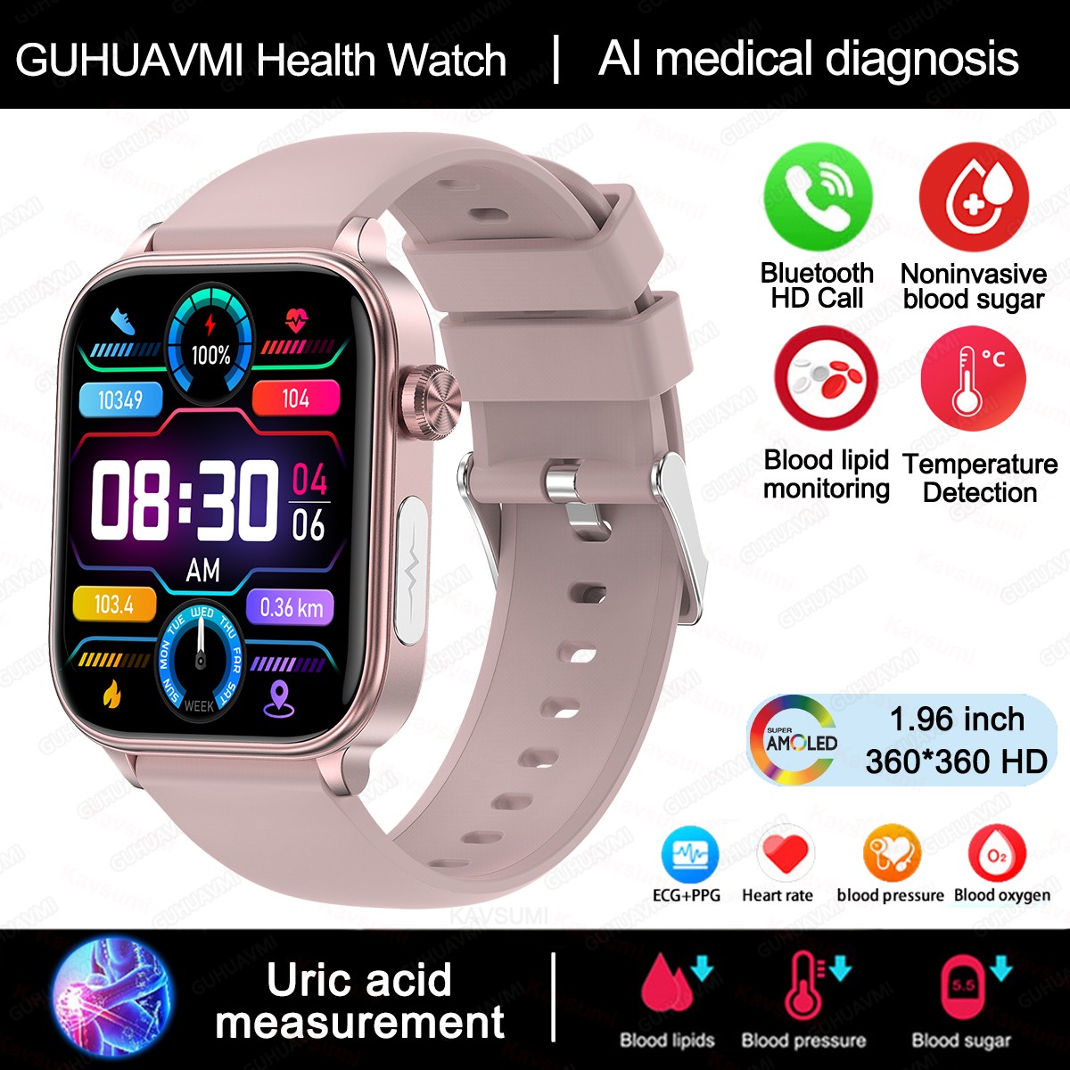 2024 AI Medical Diagnosis Smart Watch  Blood Lipids, Uric Acid, Blood Glucose Monitoring with ECG+PPG, Bluetooth Calls, and Health Tracking
