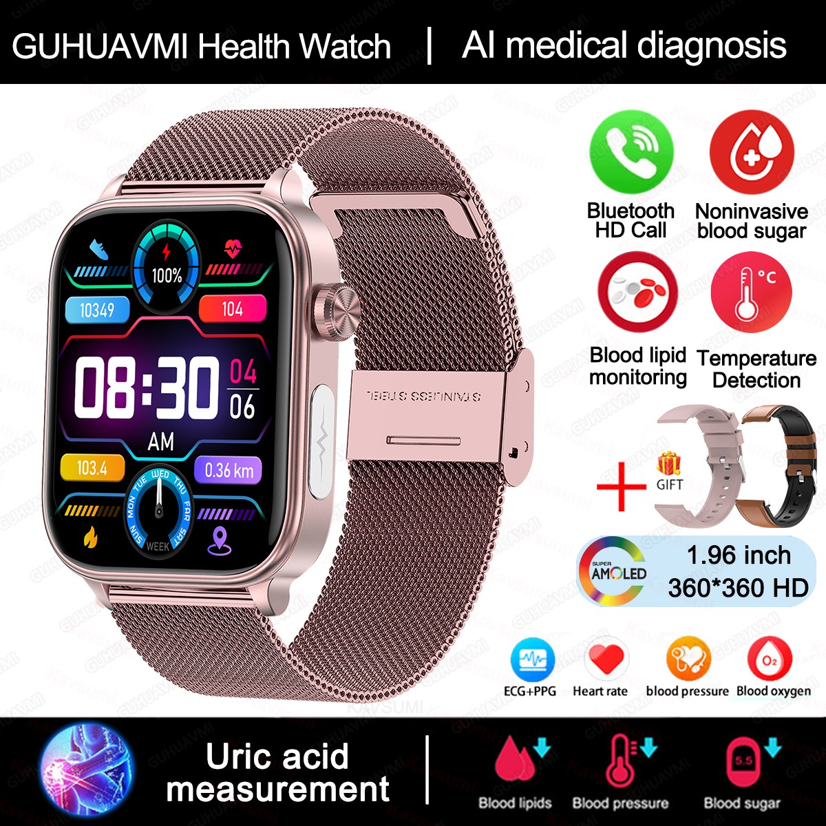 2024 AI Medical Diagnosis Smart Watch  Blood Lipids, Uric Acid, Blood Glucose Monitoring with ECG+PPG, Bluetooth Calls, and Health Tracking