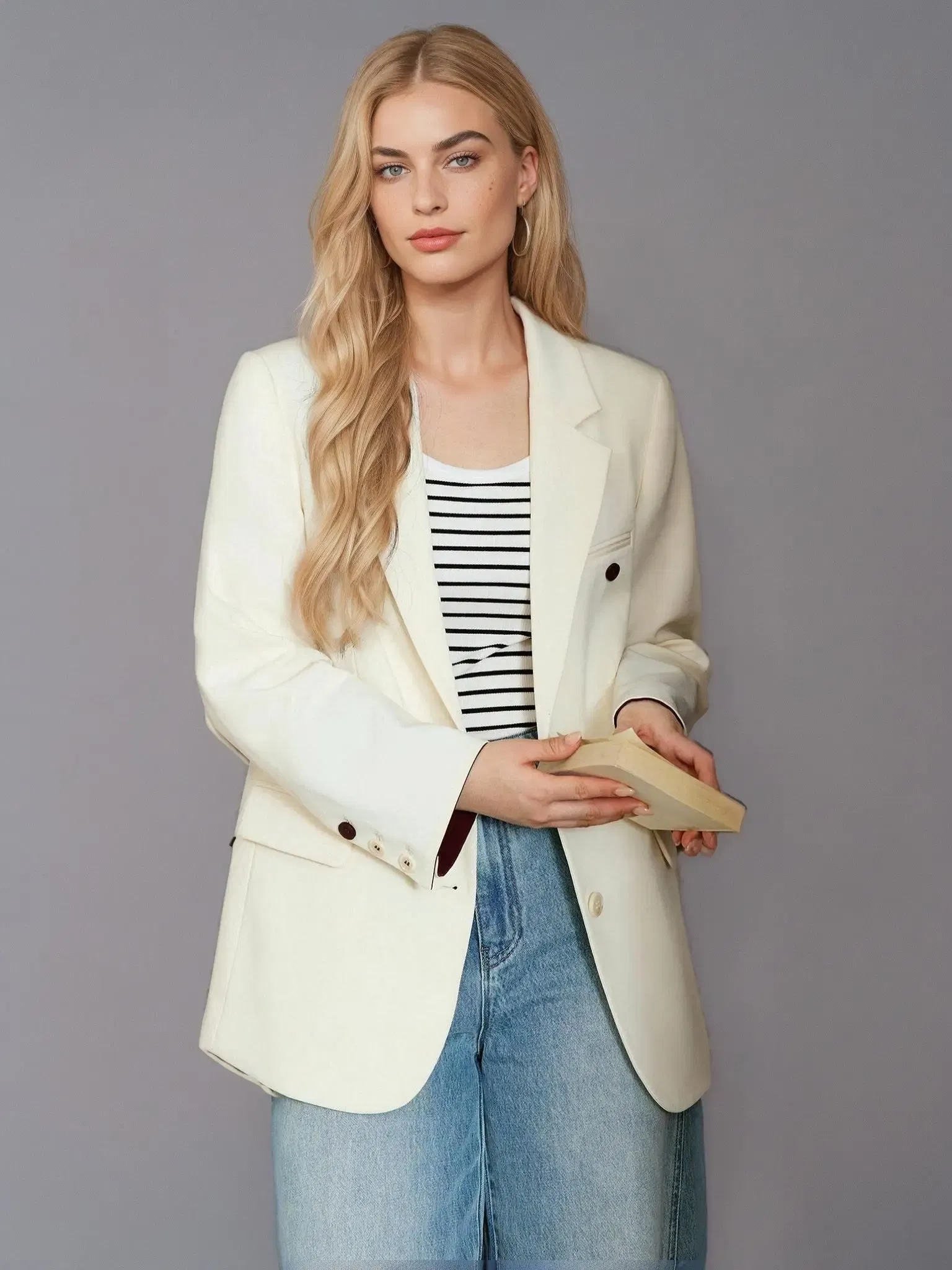 Color: GRAY, Size: XXXL - DUSHU Plus Gray Blazer Jacket For Women 2025 Spring New Design Elegant Style Commuter Coat Chic Outwear Office Lady 25DS81036