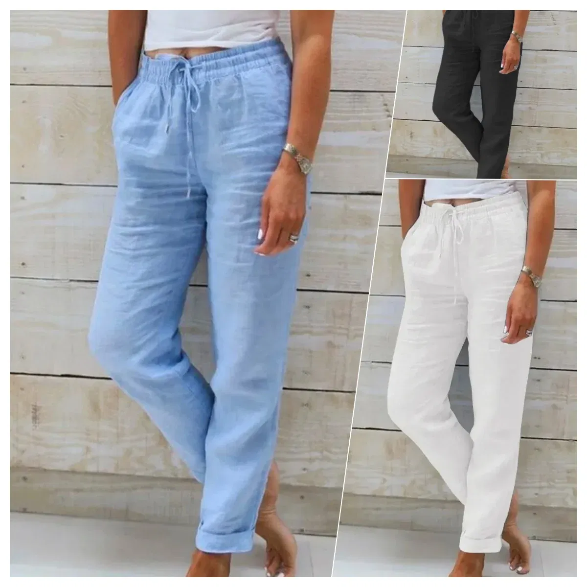 Color: black, Size: XL - Cotton Linen Summer Pants for Women High Waist Elastic Casual Trousers Streetwear Solid Female Clothes 2024 Loose Pencil Pants
