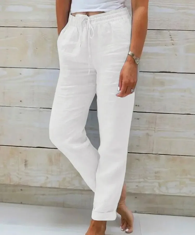 Color: black, Size: XL - Cotton Linen Summer Pants for Women High Waist Elastic Casual Trousers Streetwear Solid Female Clothes 2024 Loose Pencil Pants