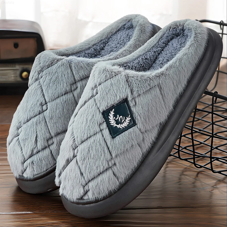Color: Brown, Shoe Size: 46-47 - Men's House Slippers Furry Plaid cozy EVA Memory Foam Lightweight Casual Shoes Winter Warm Plush Non-slip Slippers big size