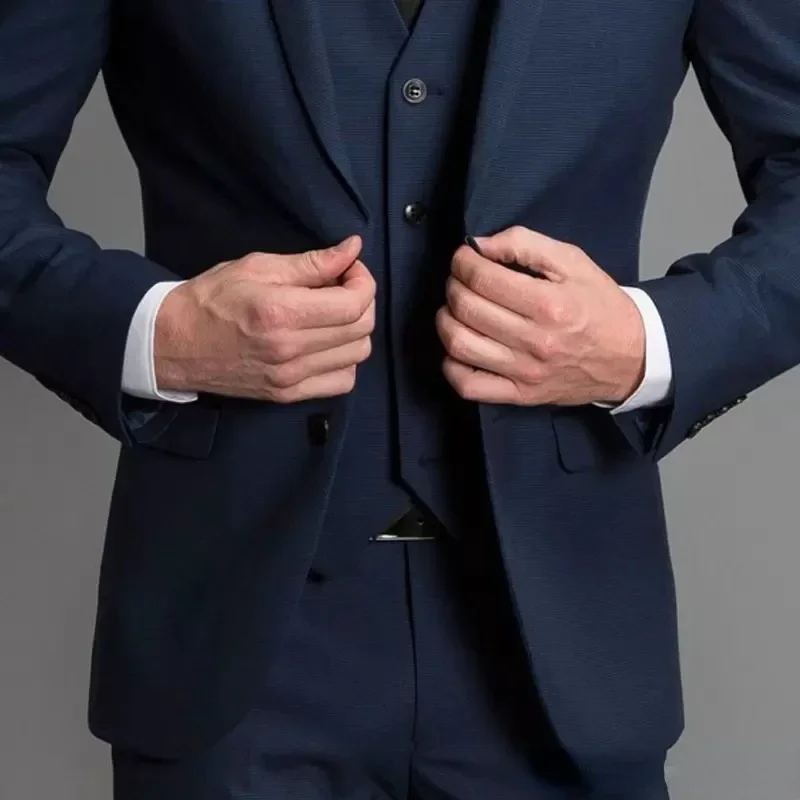 Color: Navy Blue, Size: XL - 3 Piece Navy Blue Male Suits Slim fit Notched Lapel  Wedding Tuxedos Sets Tailor Made Business Mens Costume (Blazer+Pants+Vest)