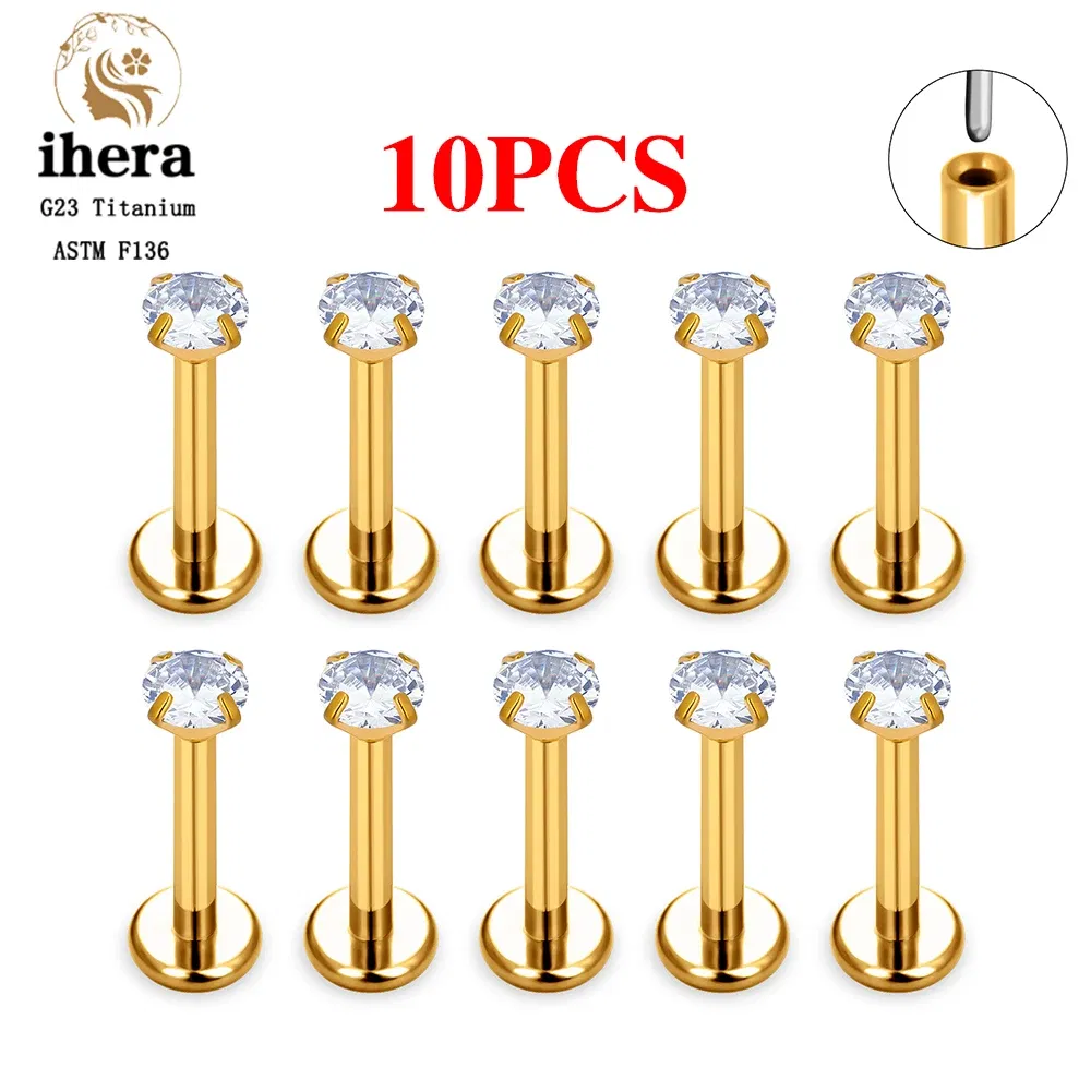 Metal color: Light Yellow Color, Ships From: CHINA, Main Stone Color: Blue - 10PCS G23 Titanium Lip Ring Labret Piercing Stud Earring CZ 16/18/20G Push Pin Ear Tragus Cartilage Helix Conch Pierc? Jewelry