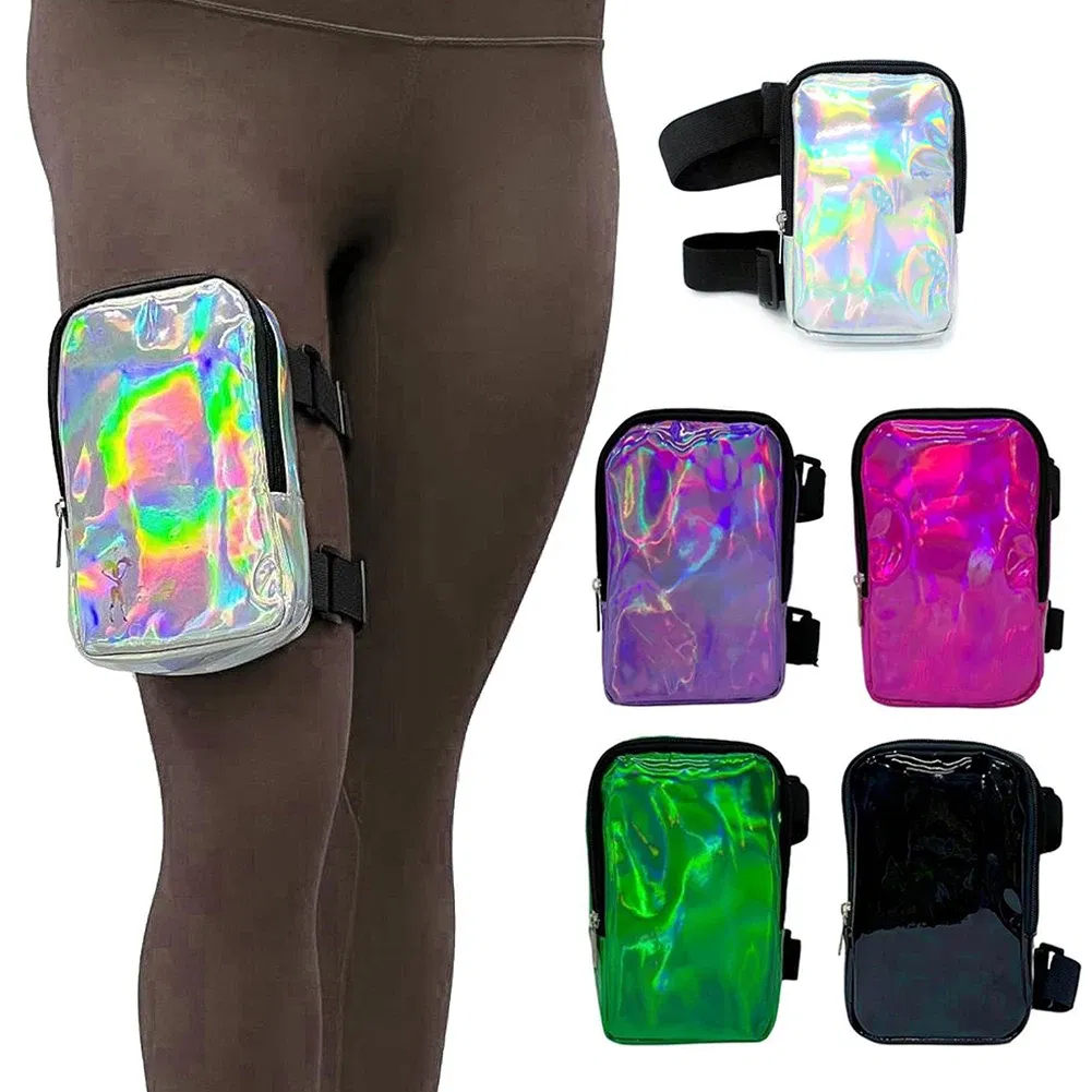 Color: black - Women's Holographic Thigh Bag Adjustables Straps Waist Pouch For Outdoor Waterproof Running Waist Bag Sports Mobile Phone Holder