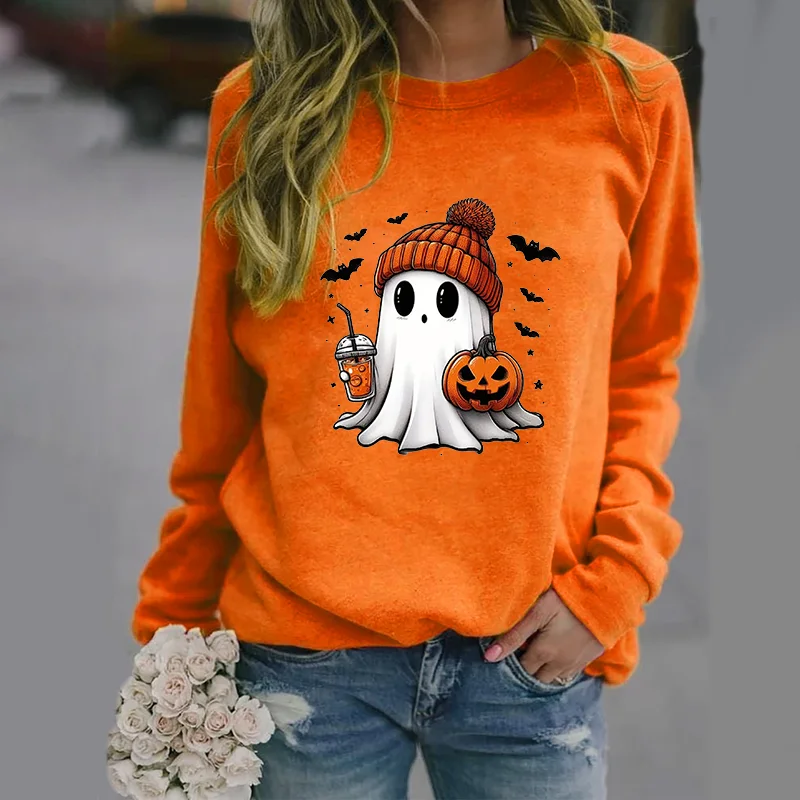Color: Blue, Size: S - Cute Ghost Pattern Sweater Women's Casual Halloween Ghost Harajuku Pullover Fall Women's Tops