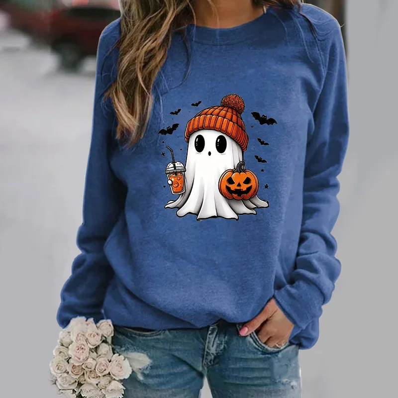 Color: Blue, Size: S - Cute Ghost Pattern Sweater Women's Casual Halloween Ghost Harajuku Pullover Fall Women's Tops