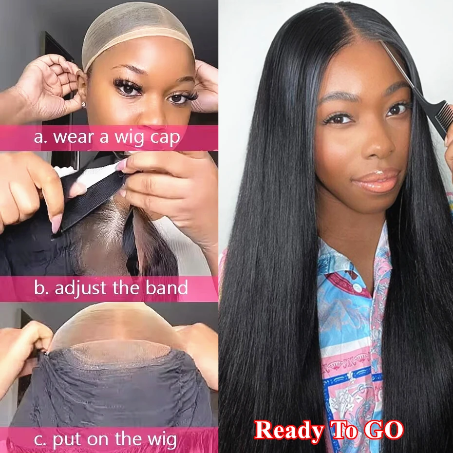 Hair Color: #1, Density: 180%, Ships From: CHINA, Stretched Length: 8inches - Glueless Wear and Go Bone Straight Lace Front Wigs 4x4 5x5 Pre-Cut Lace Wig Human Hair Ready To Wear Lace Closure Wig For Women