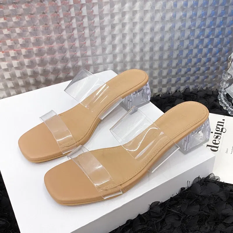 Color: Khaki, Shoe Size: 38 - Summer New Transparent Sexy Square Head Open Toe Outwear Women Large Comfortable High Heel Sandals and Slippers Single Shoe