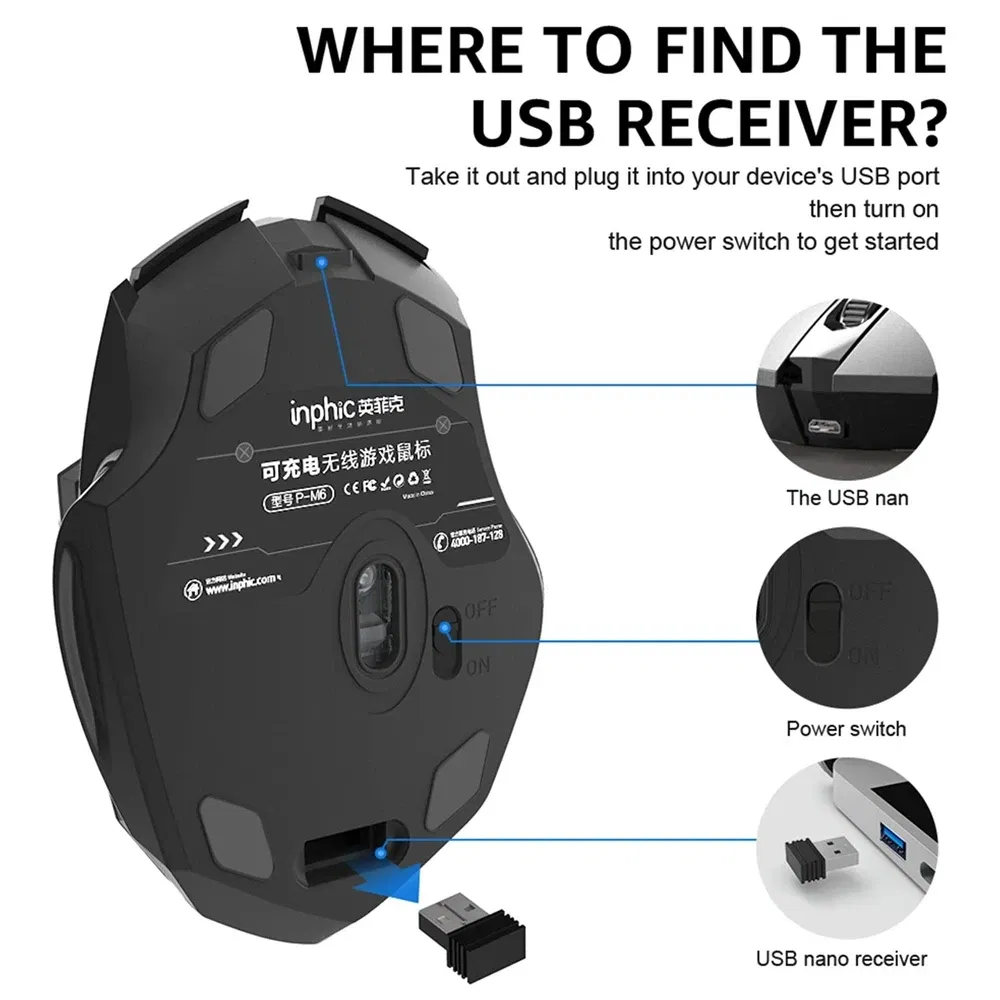Color: Red - Bluetooth Compatible Mouse Rechargeable 2.4G INPHIC PM6 Wireless Mouse Office Mute Support PC Laptop Tablet Smartphone Universal