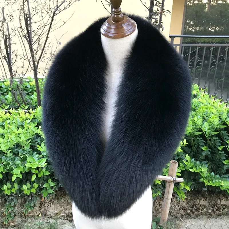 Color: Beige, Size: XXL - 100% Natural Real Fox Fur Collar For Women Men Coat Jacket Fur Scarf Winter Extra Large Size Neck Warmer Fur Scarf Shawls Wraps