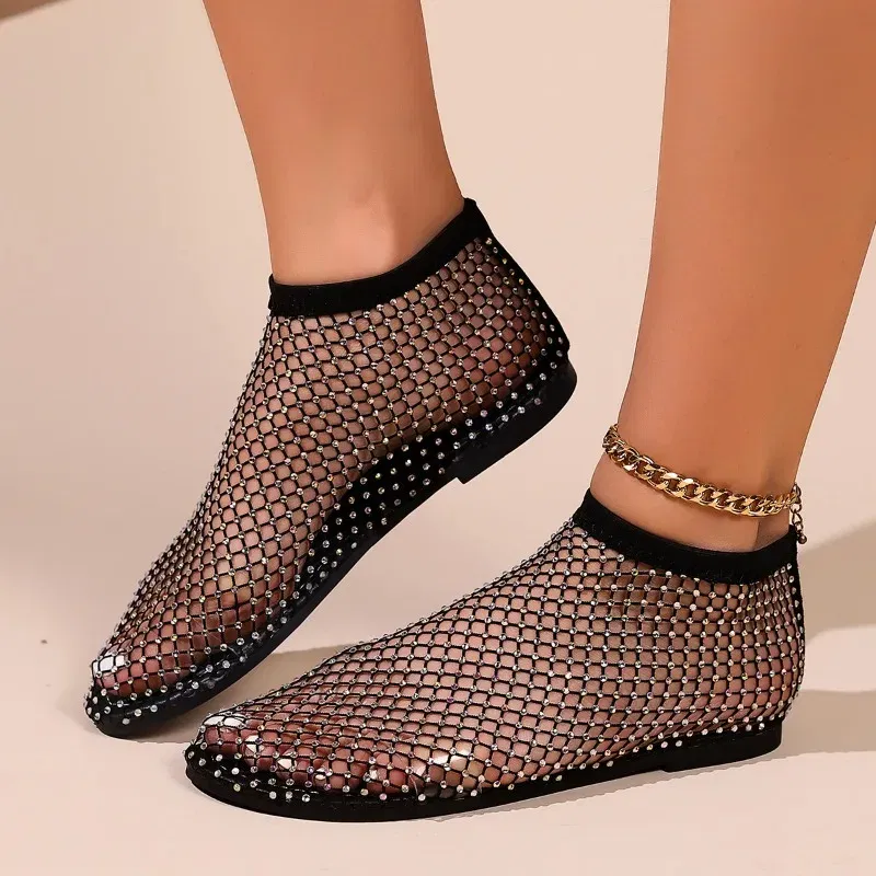 Color: Beige, Shoe Size: 39 - Women Summer New Fashion Mesh Luxurious Rhinestone Designer Simple Solid Color Sandals Daily Versatile Round Toe Womens Sandal