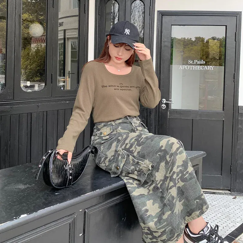 Color: Beige, Size: XXXL - Casual Camouflage Skirt with Pockets Plus Size Women's High Waist A-Line Long Skirt