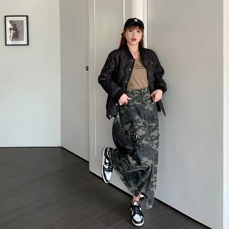 Color: Beige, Size: XXXL - Casual Camouflage Skirt with Pockets Plus Size Women's High Waist A-Line Long Skirt