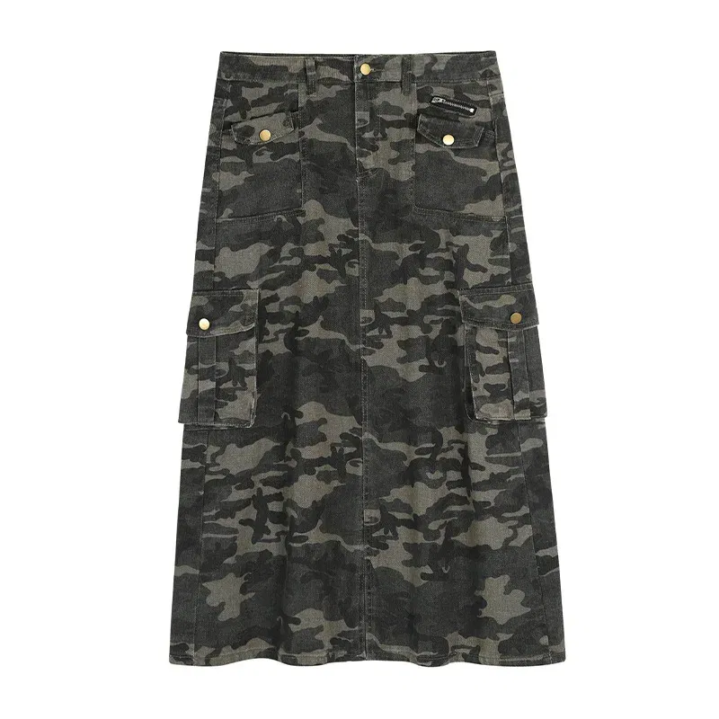 Color: Beige, Size: XXXL - Casual Camouflage Skirt with Pockets Plus Size Women's High Waist A-Line Long Skirt