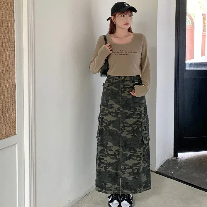 Color: Beige, Size: XXXL - Casual Camouflage Skirt with Pockets Plus Size Women's High Waist A-Line Long Skirt