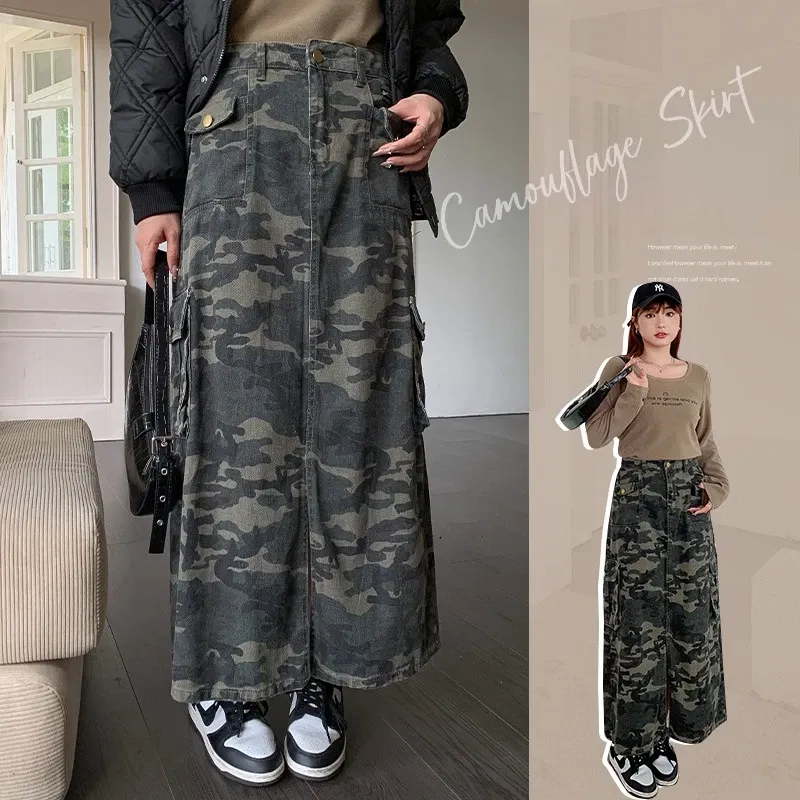 Color: Beige, Size: XXXL - Casual Camouflage Skirt with Pockets Plus Size Women's High Waist A-Line Long Skirt