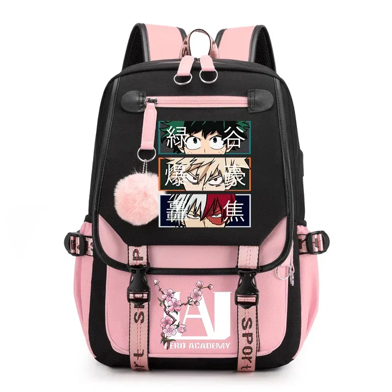 Color: Beige - Anime My Hero Academia Schoolbag Todoroki Bakugou Deku Cartoon Backpack School Boys Girls Usb Bagpack Teenager Travel Rucksack
