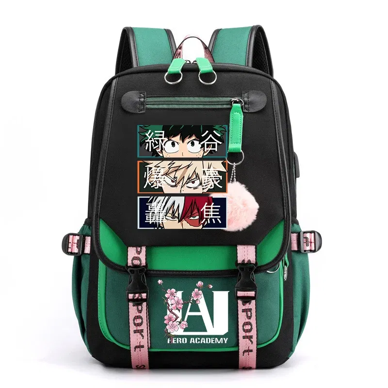 Color: Beige - Anime My Hero Academia Schoolbag Todoroki Bakugou Deku Cartoon Backpack School Boys Girls Usb Bagpack Teenager Travel Rucksack