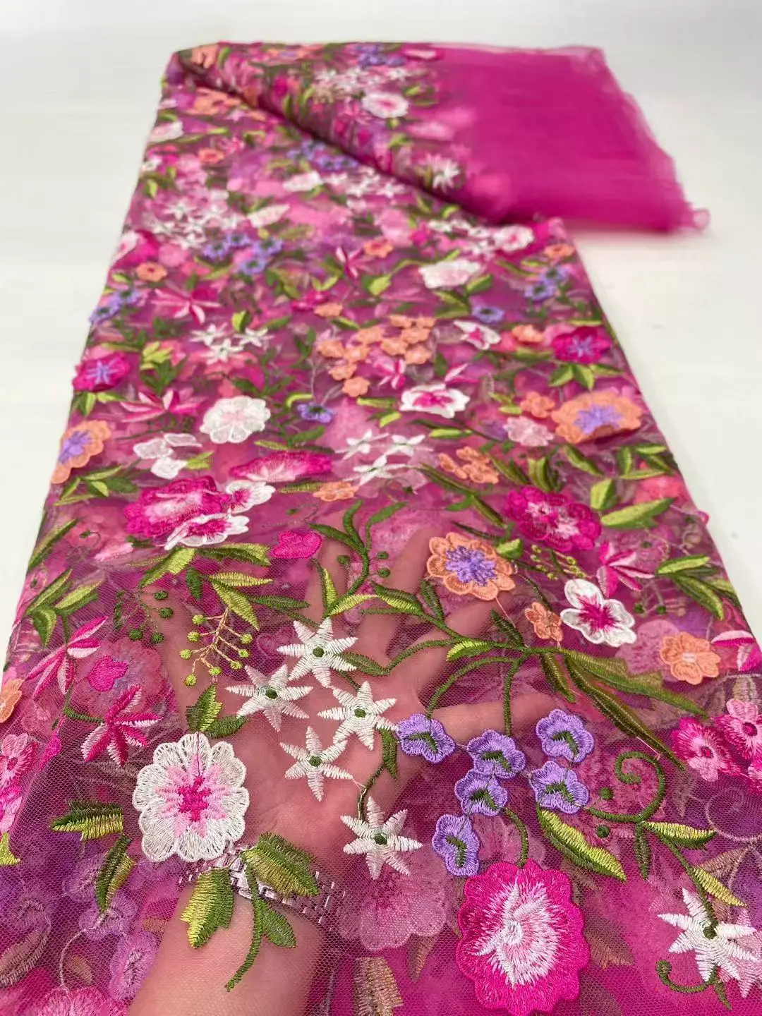 Color: Orange, Width: 120cm, Length: 5 yards - Purple 3D Flowers French Latest Nigerian Lace Fabrics 2025 High Quality Net African Lace with Beads for Wedding Party 2025