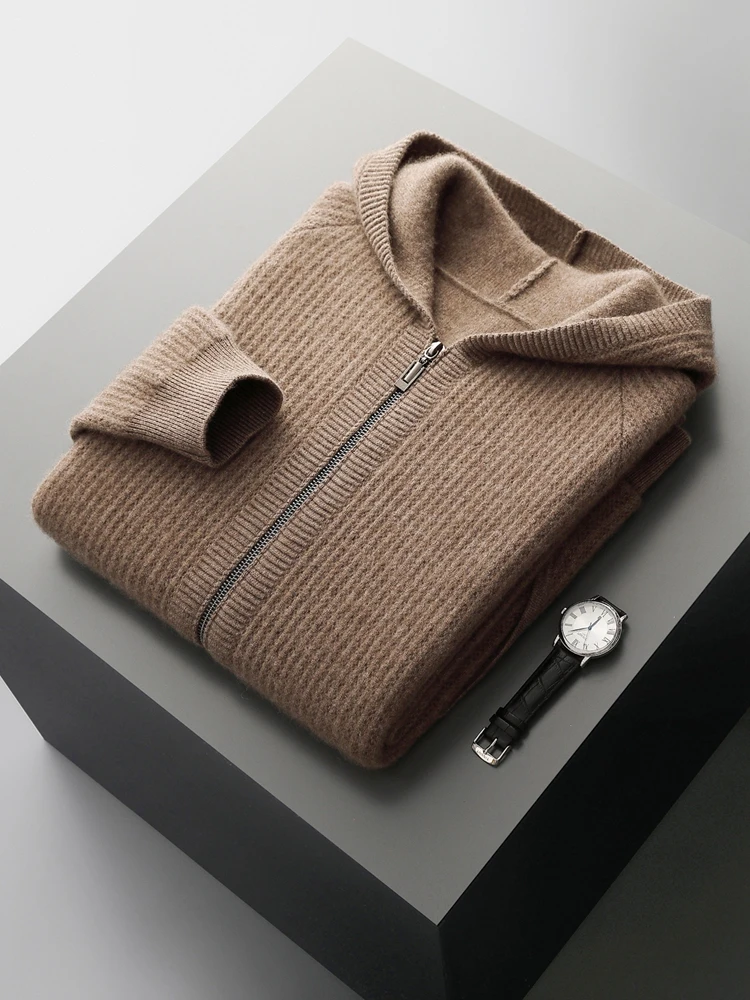 Color: Brown, Size: XL - Daily Clothes Autumn Winter Sweater Men's Coat 100% Merino Wool Sweater Cardigan Knitted Jacket Thicked Hooded Outerwears Trend