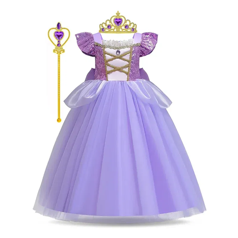 Color: SKY BLUE, Kid Size: 2T - Disney Deluxe Elegant Rapunzel Princess Ball Gown Fancy Birthday Party Dress Cinderella Vestidos Costume Play Carnival Apparel