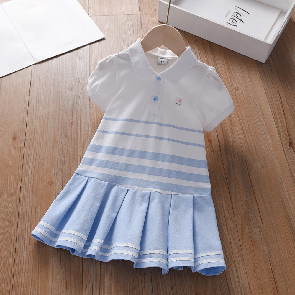 Color: Blue, Kid Size: 4 - Girls' Fashion Polo Dress with Stripes Kids Elegant Puffed Sleeves Clothes Baby Girls Summer Dresses