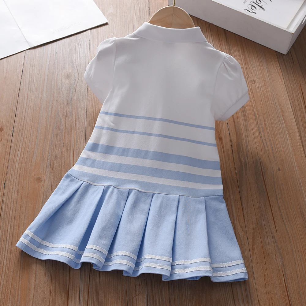 Color: Blue, Kid Size: 4 - Girls' Fashion Polo Dress with Stripes Kids Elegant Puffed Sleeves Clothes Baby Girls Summer Dresses