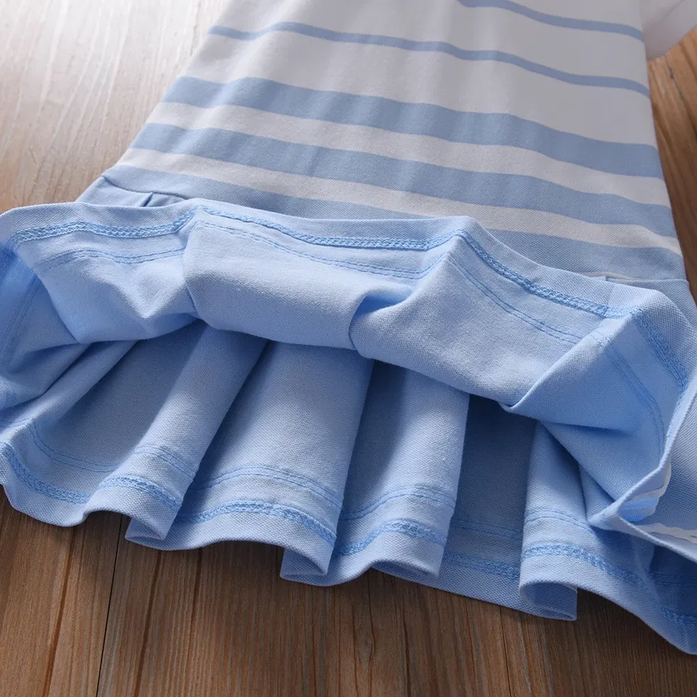Color: Blue, Kid Size: 4 - Girls' Fashion Polo Dress with Stripes Kids Elegant Puffed Sleeves Clothes Baby Girls Summer Dresses