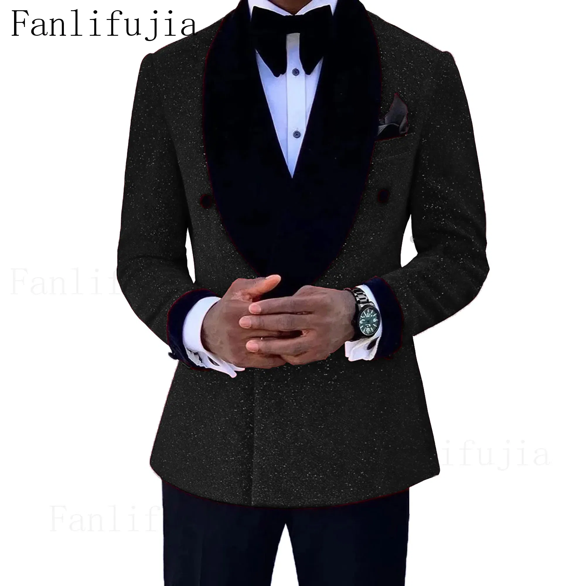 Color: black, Size: M - Fanlifujia Luxury Red Glitter Suits Men Groom Wedding Tuxedo Double Breasted Blazer Formal Evening Party Prom Dress 2 Pieces Set