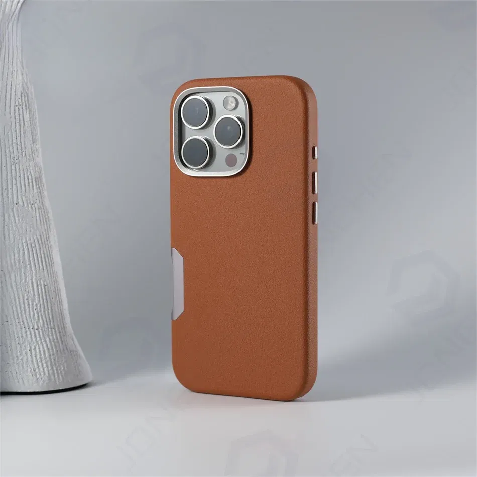 Color: Brown, Material: Silicon - Aluminium Camera Button For iPhone 16 Pro Max Case Solid Leather Alloy Len Magnetic Wireless Charge Shockproof Cover For Magsafe