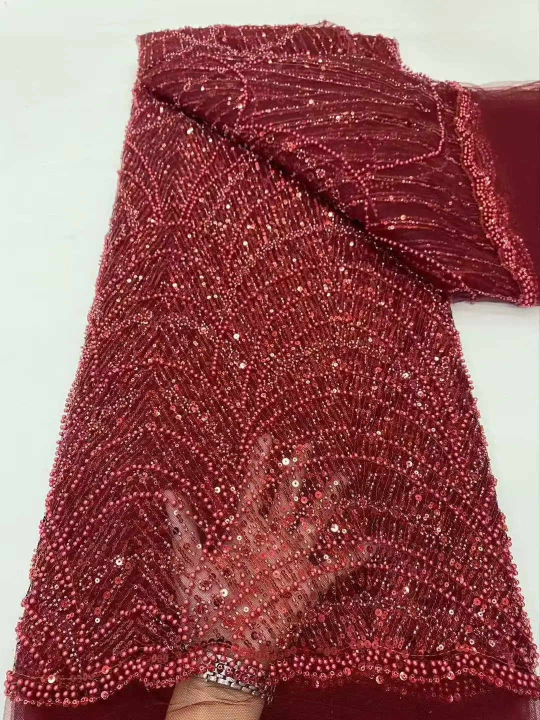 Color: Orange, Width: 120cm, Length: 5 yards - Luxury Sky Blue French Tulle Lace Fabric with Sequins Beads for Bridal Dress Nigerian Groom High Quality African Wedding Gown Ma