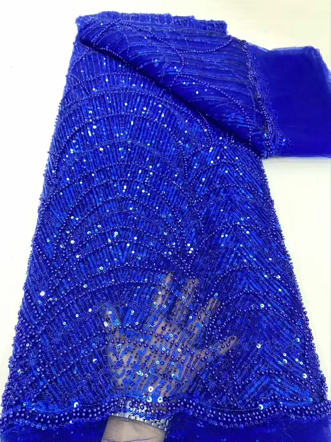 Color: Orange, Width: 120cm, Length: 5 yards - Luxury Sky Blue French Tulle Lace Fabric with Sequins Beads for Bridal Dress Nigerian Groom High Quality African Wedding Gown Ma