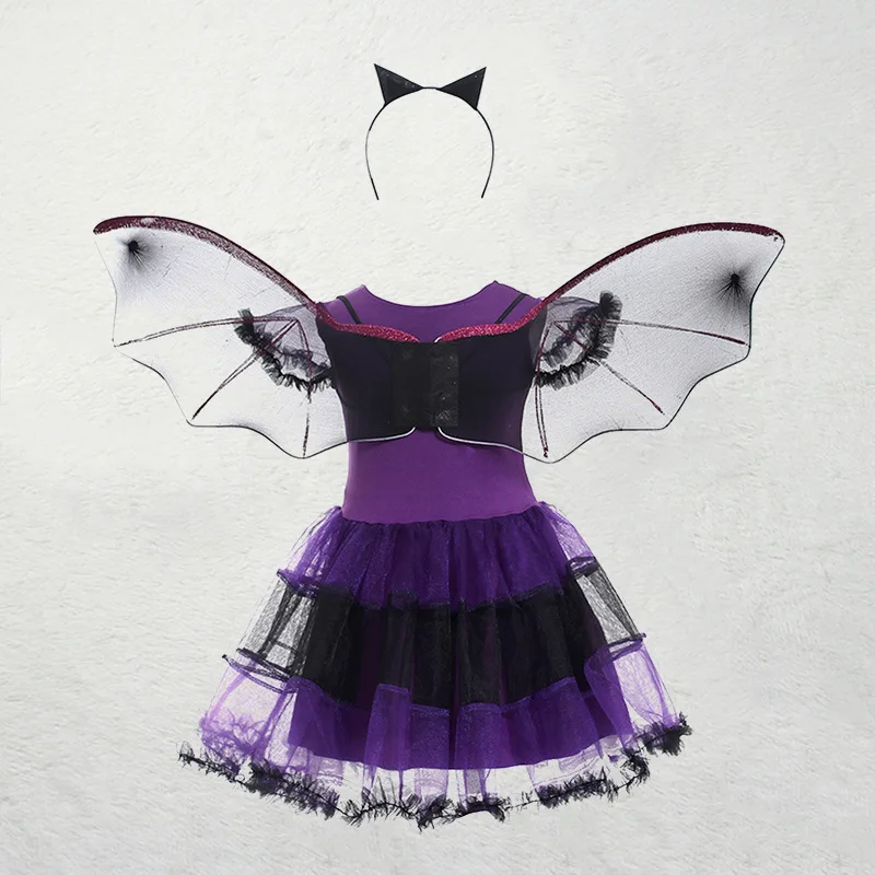 Kid Size: 2T, Color: Blue - Halloween Children Purple Vampire Costume Girls Dress Kids Clothes Baby Bat Spider Party Cosplay Headband +Wing Outfit