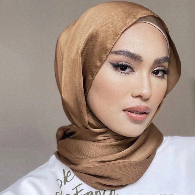 Color: Navy Blue - Hot Premium Satin Crinkle Hijab Scarf Chiffon Shawl Plain Muslim Women Hijabs Breathab Islam Women Turban Pleated Scarf Ramadan